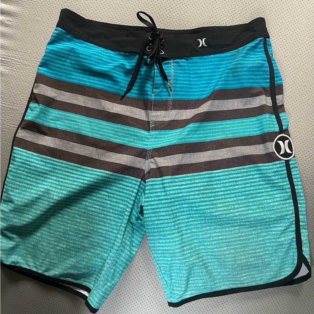 Hurley Men's Teal and Gray Striped Board Shorts
